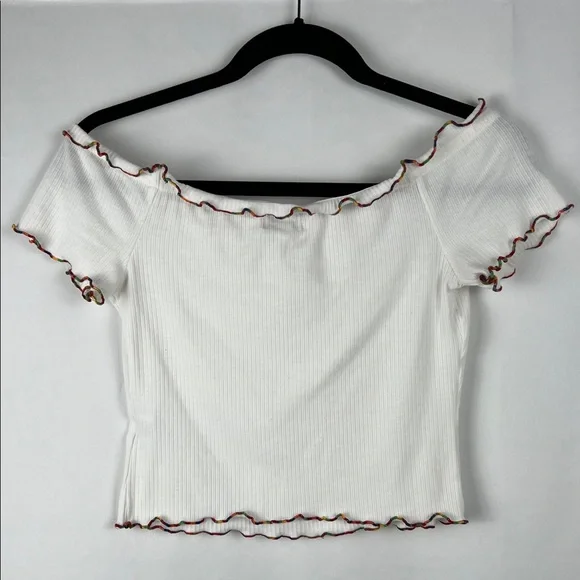 love, Fire White Rainbow Ruffled Off Shoulder Crop Top - Picture 8 of 15